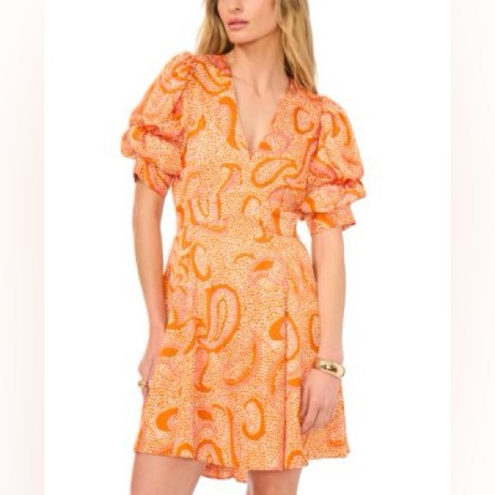 New 1.State Printed V-Neck Tiered Bubble Puff Sleeve Mini Dress Orange Size Xs